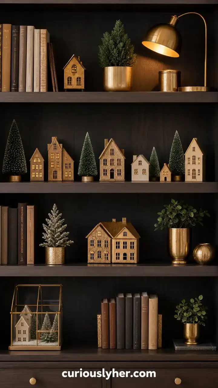 8. A Bookcase With Tiny Houses, Mini Trees, And A Few Gold Touches