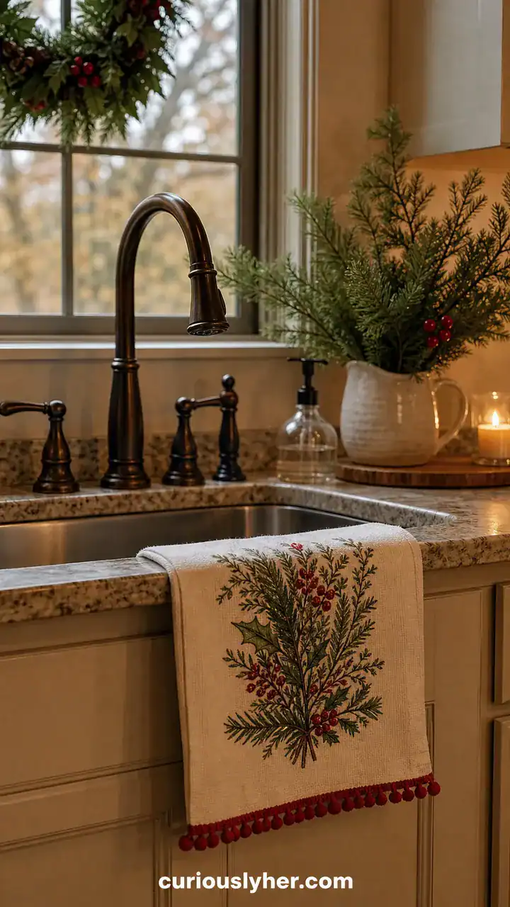 13. A Sink Area With A Festive Hand Towel And A Small Greenery Touch
