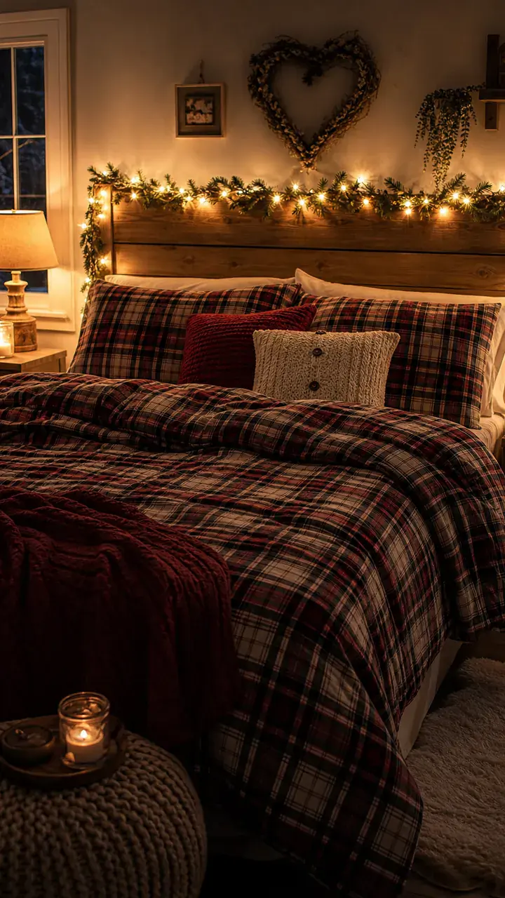 16. A Bedroom With Flannel Bedding And A Soft Lit Garland Over The Headboard