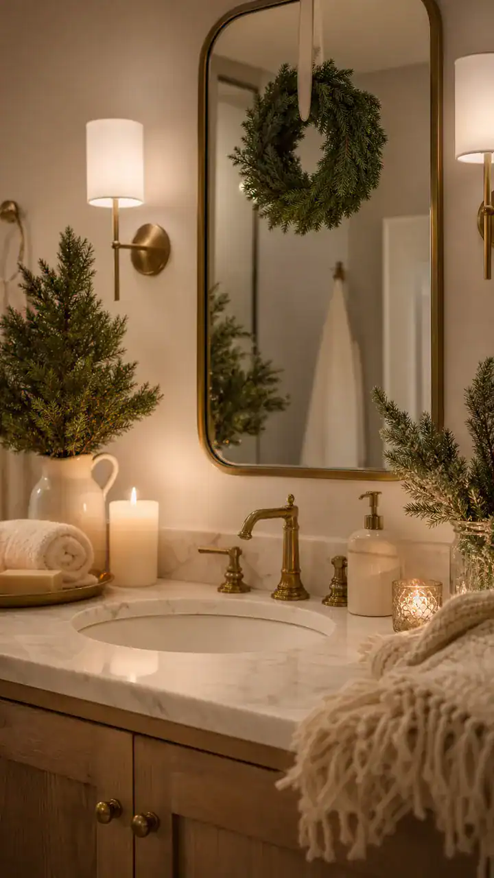 18. A Bathroom With A Tiny Wreath On The Mirror And A Cozy Spa Holiday Vibe