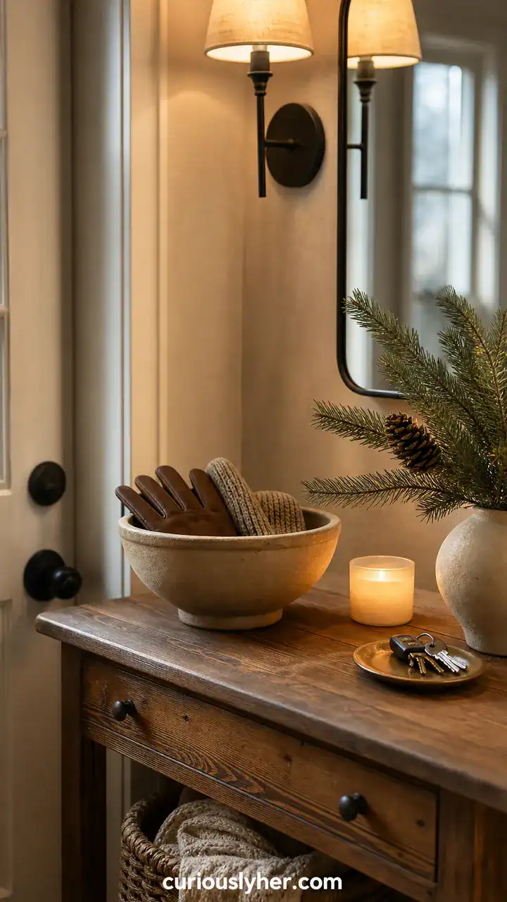 19. An Entryway With A Bowl For Gloves And A Little Pine Moment By The Keys