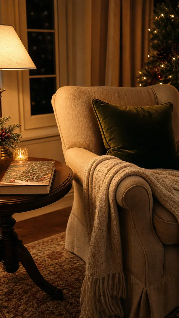 22. A Reading Chair With A Side Table, A Christmas Book, And A Warm Lamp Glow
