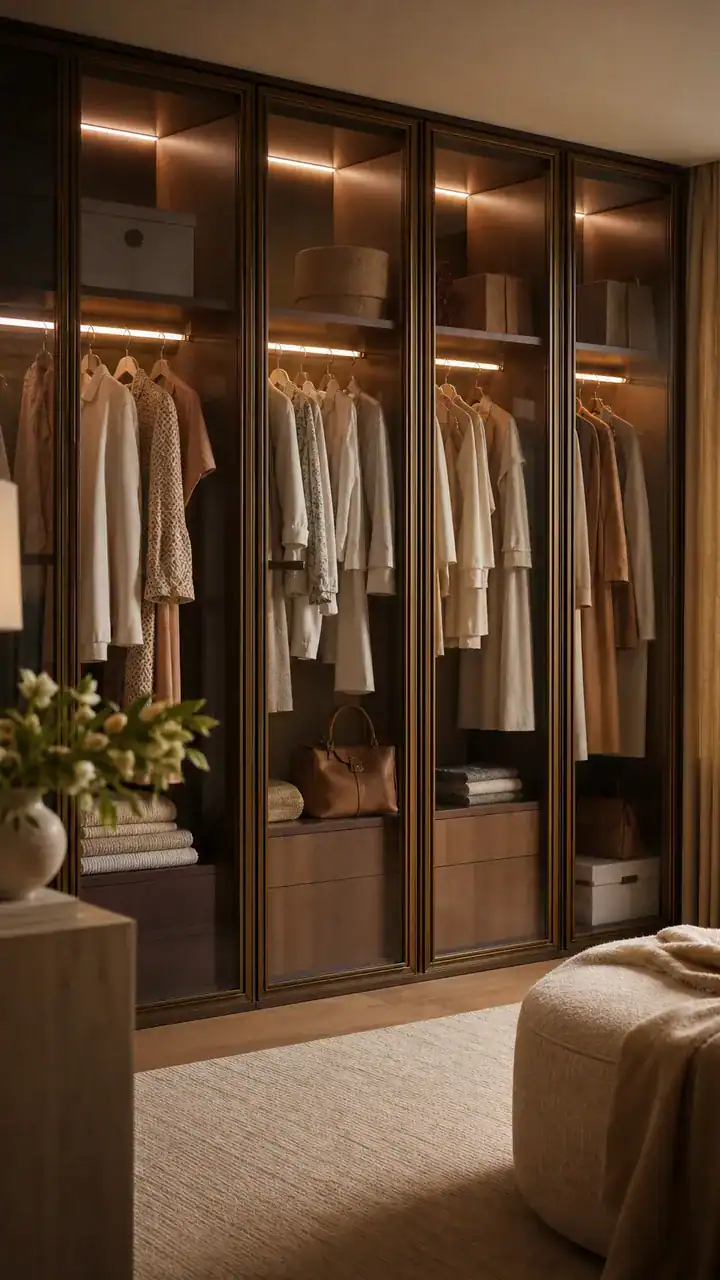 1. A Glass-Front Cabinet Wardrobe With Soft Warm Lighting