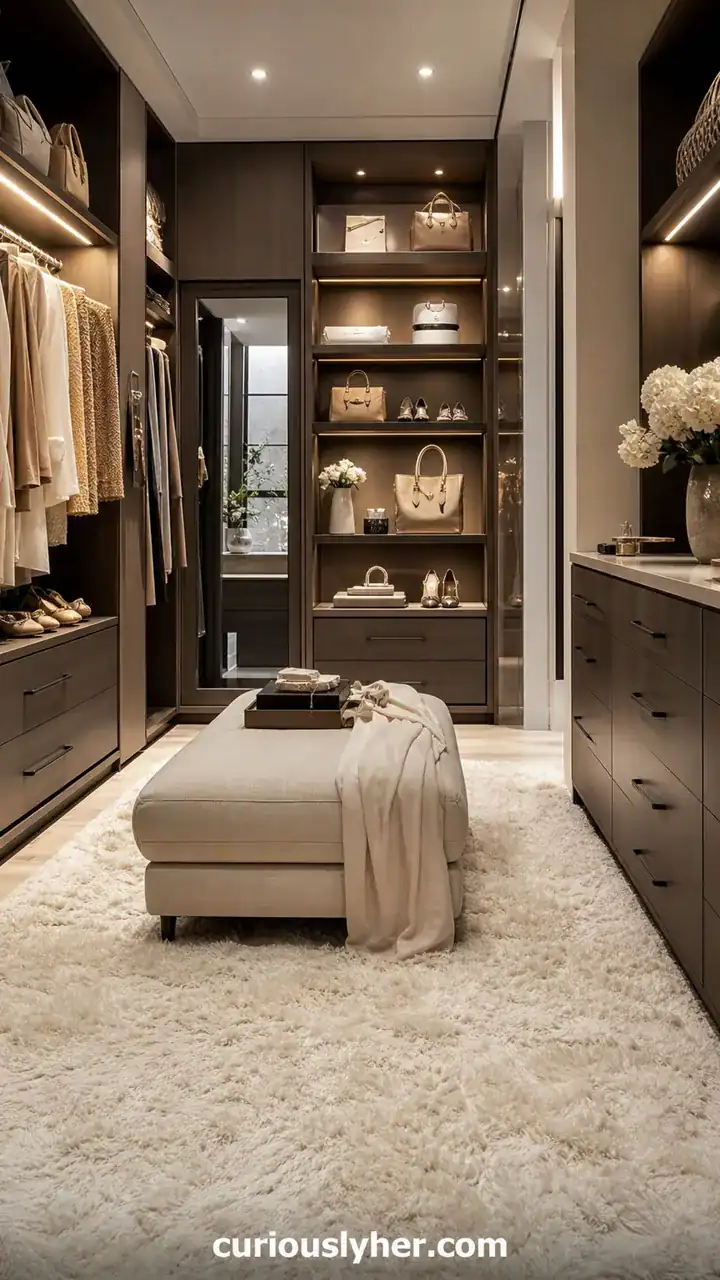 3. A Walk-In Dressing Room With a Plush Cream Rug