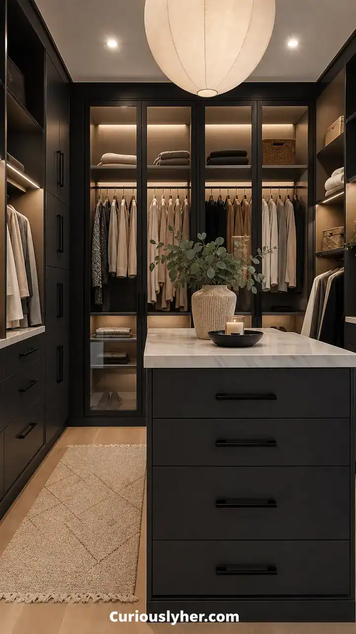 4. Matte Black Hardware in a Sleek Boutique-Style Closet