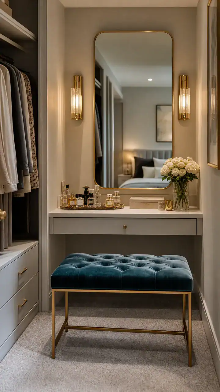 9. A Tufted Velvet Bench in a Little Dressing Nook