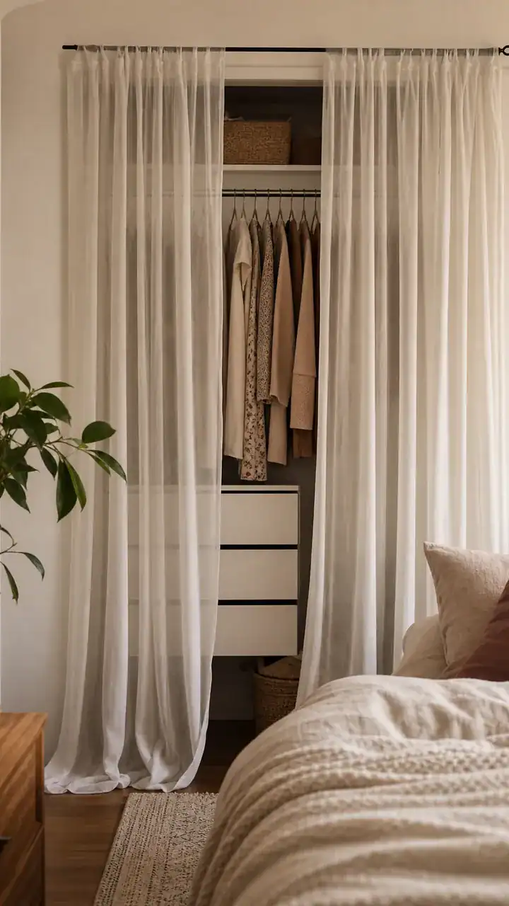 13. Sheer White Curtains Instead of Doors on a Small Bedroom Closet