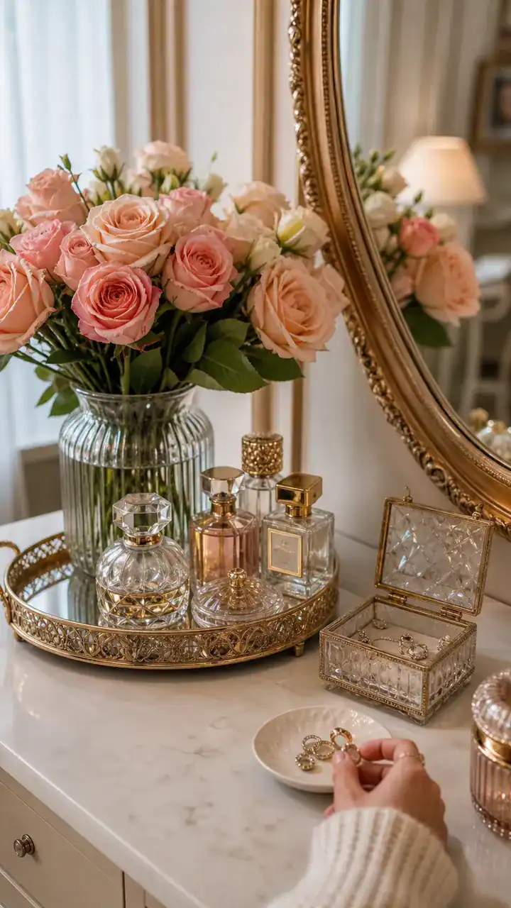 14. A Pretty Perfume Tray and Fresh Flowers in Your Dressing Corner