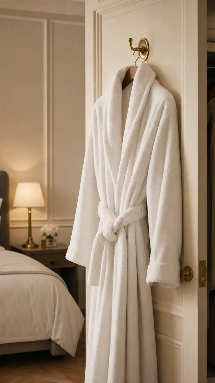 17. A Fluffy Hotel-Style Robe on a Brass Hook Behind the Closet Door