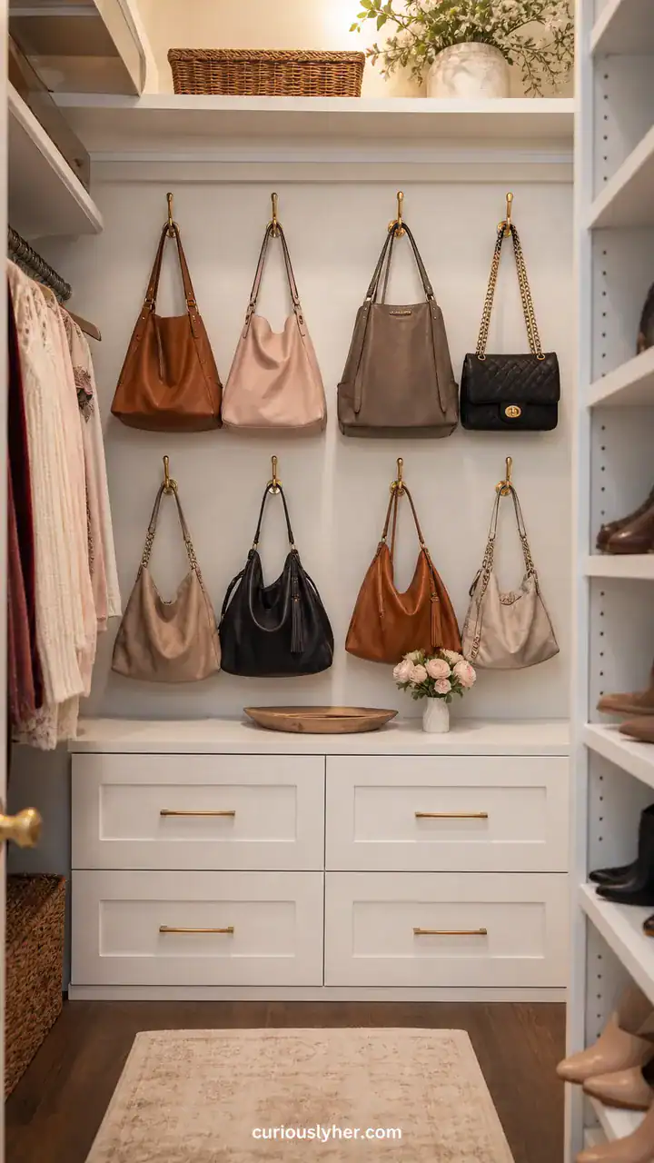 7. A Neat Closet With Handbags On Individual Hooks
