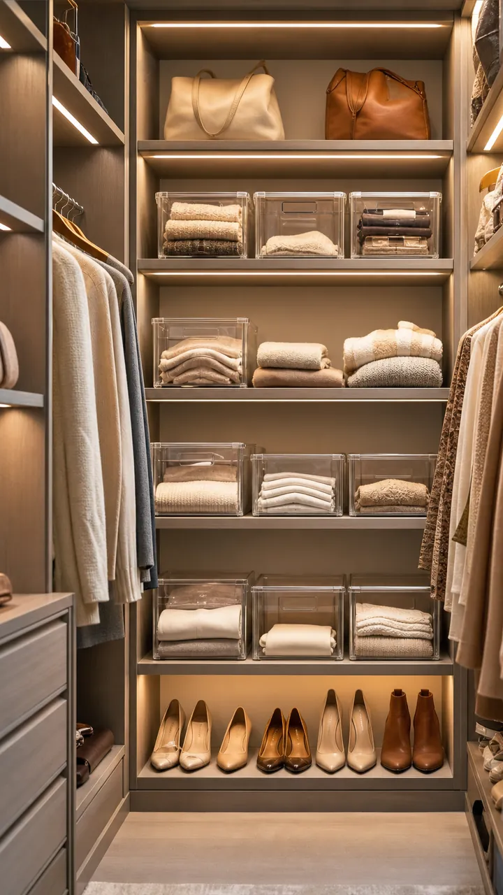 17. A Closet Organization Idea With Shelf Lighting And Clear Boxes