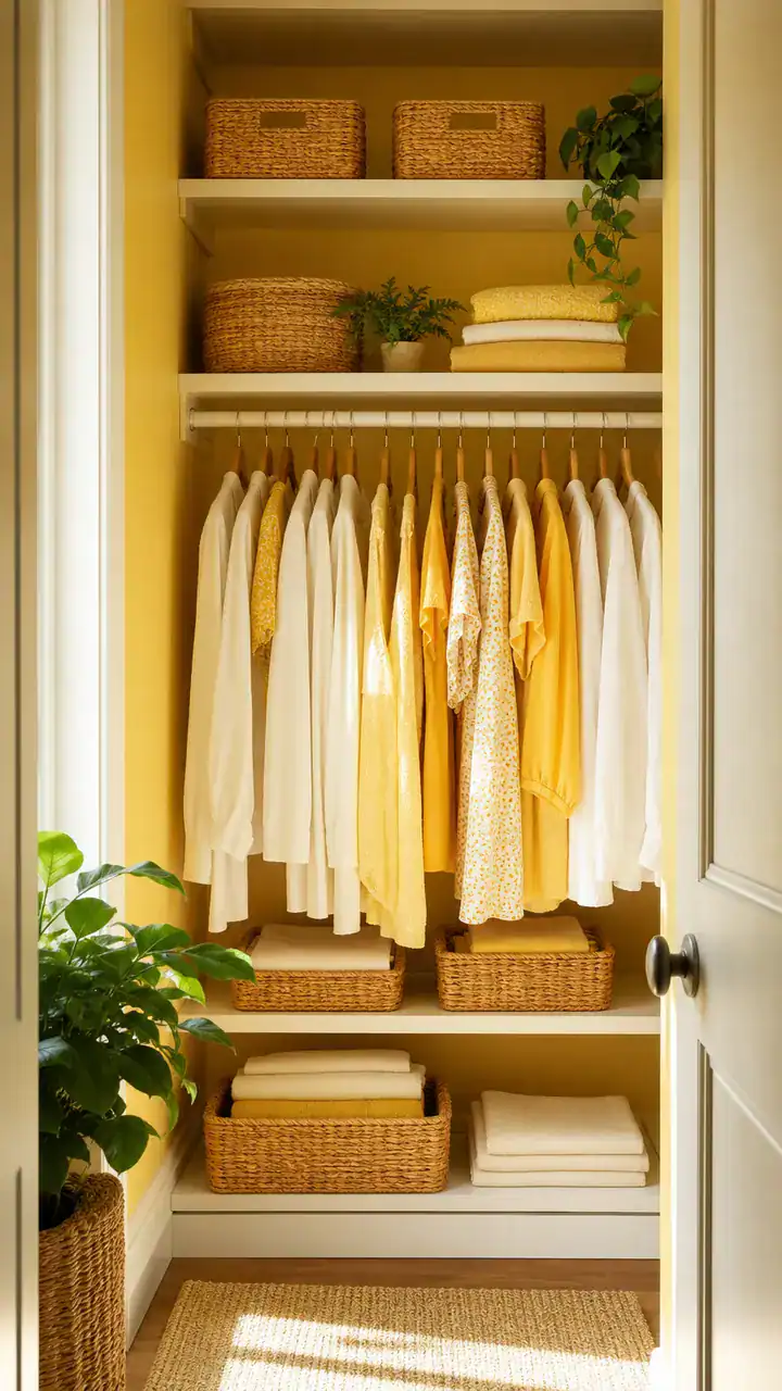 1. A Sunny Yellow Closet With White Shelves and Woven Baskets