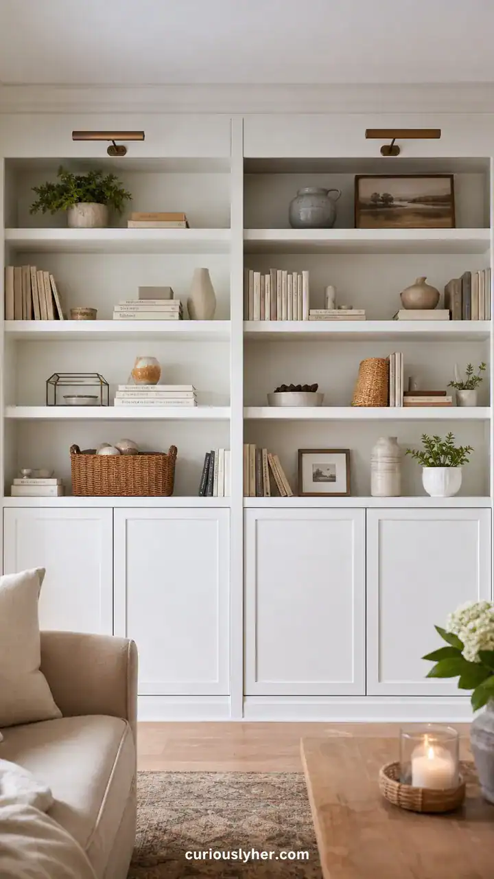 2. A Built-In Look Made From Simple White Shelves and Cabinet Doors