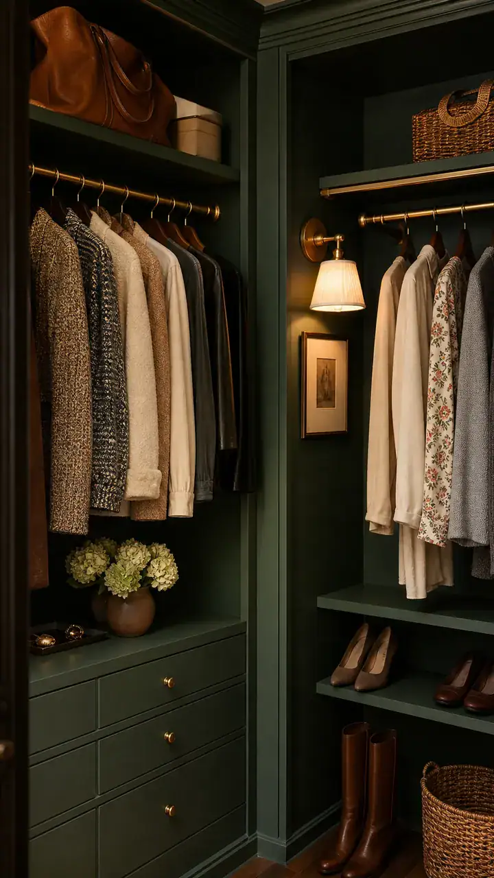 3. A Dark Green Closet With Brass Rods and a Little Wall Lamp