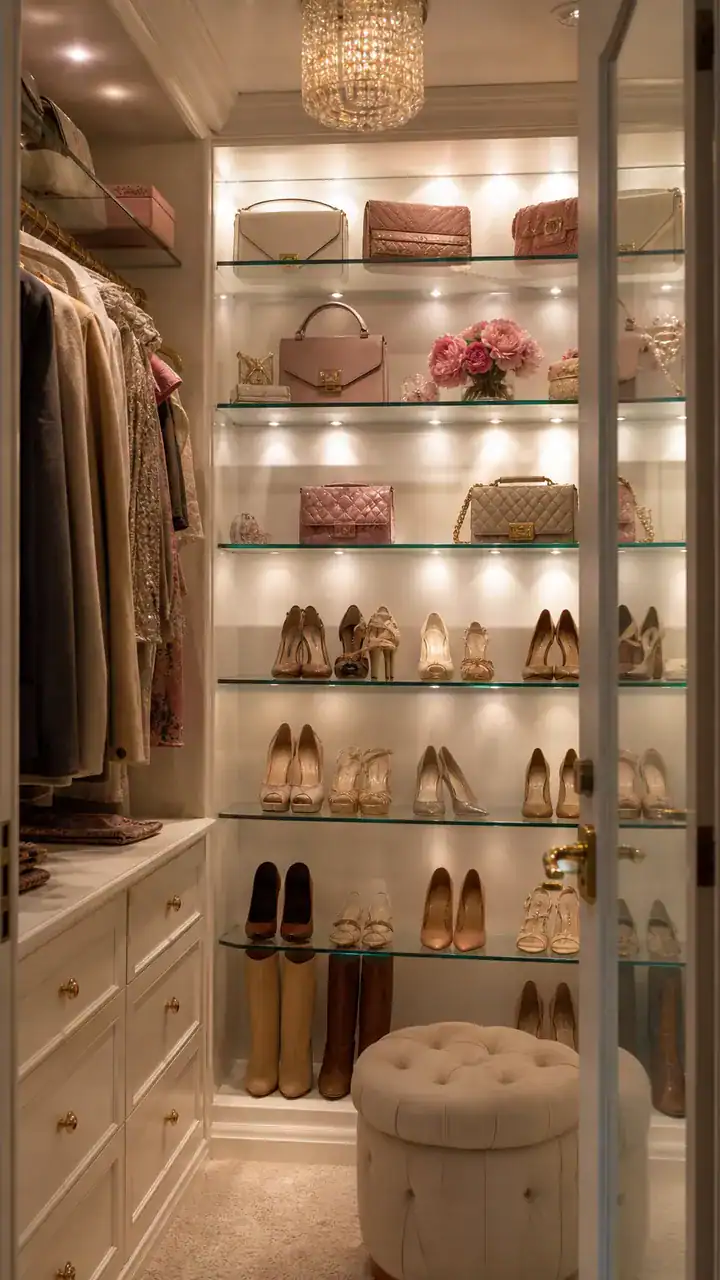 4. A Closet Turned Into a Mini Boutique With Glass Shelves and Soft Lights