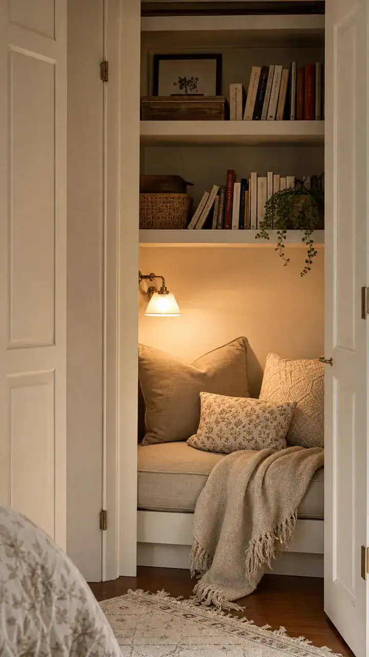 5. A Reading Corner Hiding Inside a Closet With Pillows and a Throw Blanket