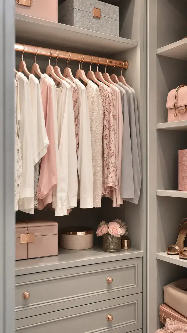 6. A Soft Gray Closet With Rose Gold Hooks and Pink Hangers