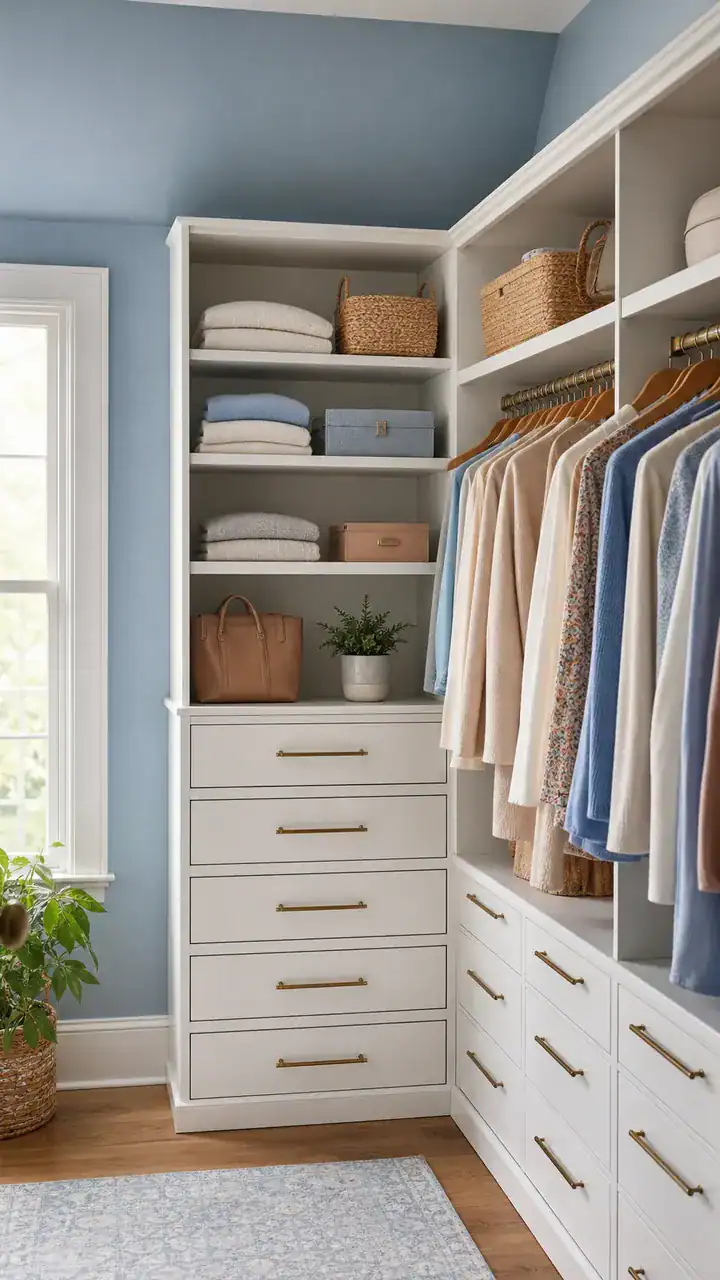 7. A Two-Tone Closet With Pale Blue Walls and White Drawers