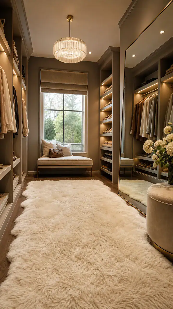 8. A Walk-In Makeover With a Big Mirror and a Fluffy Ivory Rug