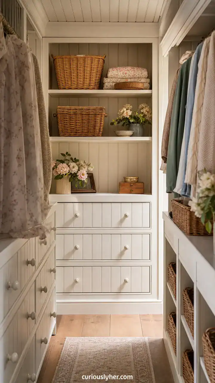 9. A Cottage-Style Closet With Beadboard Walls and Little Knobs