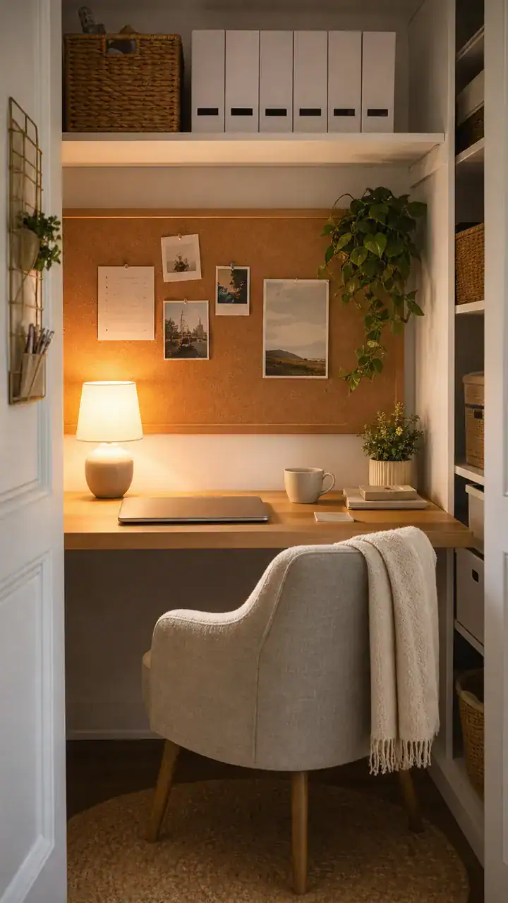 10. A Closet Desk Nook With a Tiny Lamp and a Cork Pin Board