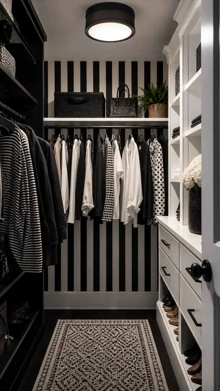 11. A Black and White Closet With Bold Striped Wallpaper