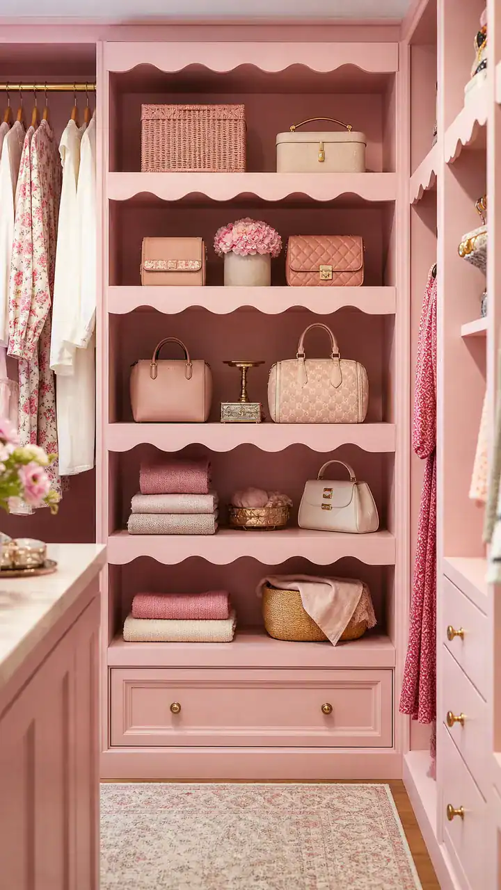 12. A Sweet Pink Closet With Scalloped Shelf Edges