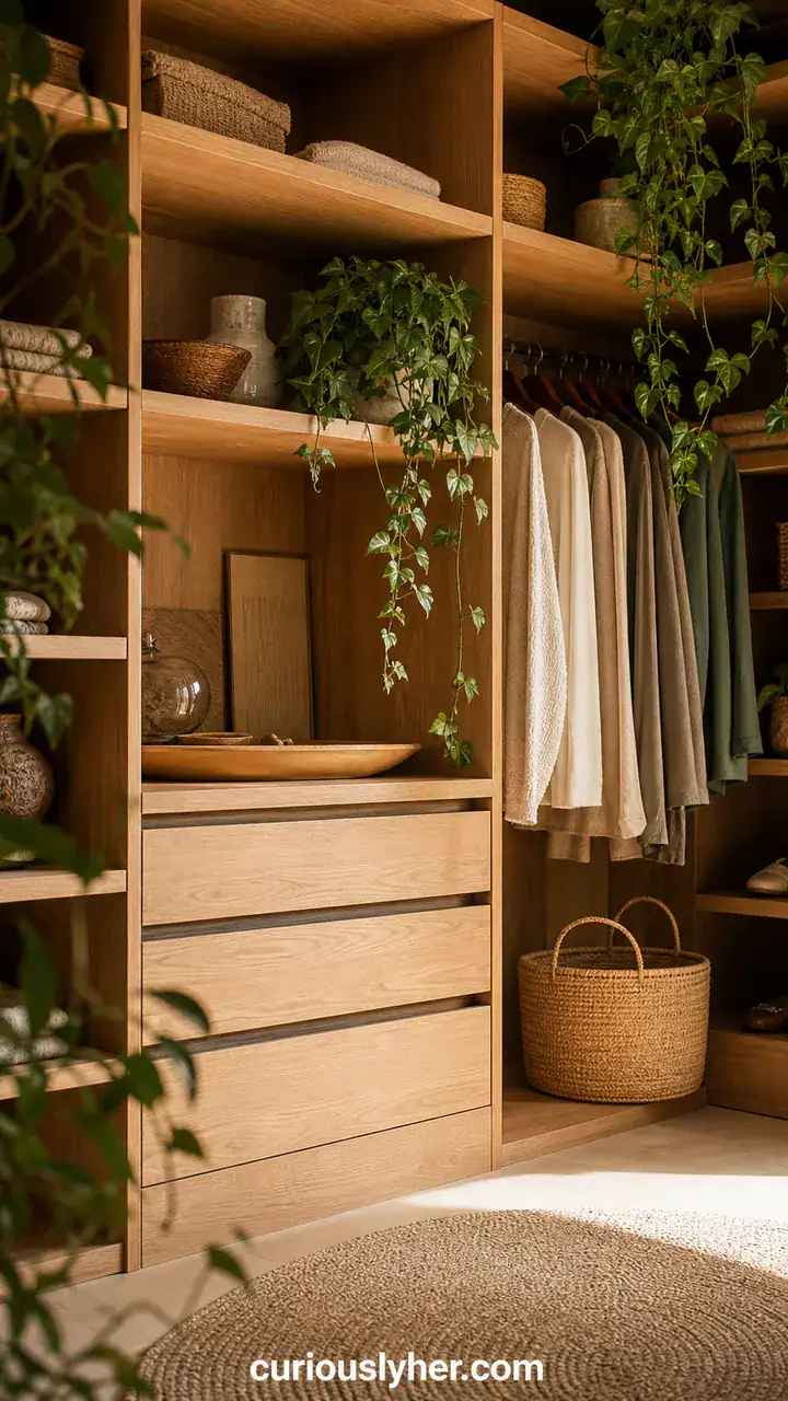 13. A Wood Shelf Closet With Warm Oak Cubbies and Hanging Plants