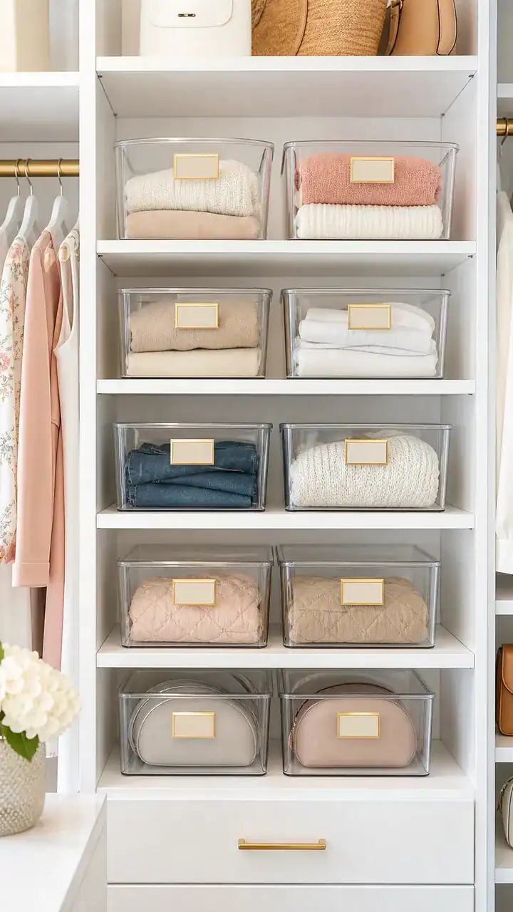 14. A Fresh White Closet With Matching Clear Bins and Gold Labels