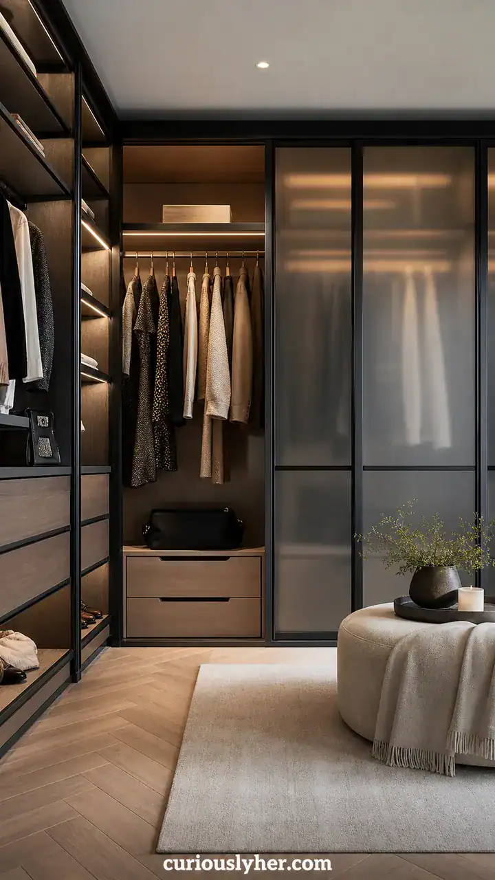 16. A Modern Closet With Slim Black Frames and Frosted Glass Doors