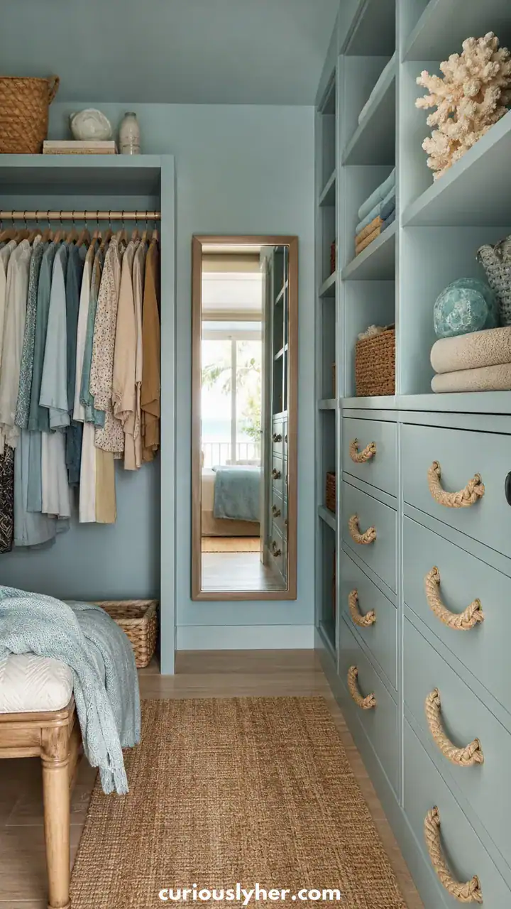17. A Beachy Closet With Sea Glass Blue Walls and Rope Handles