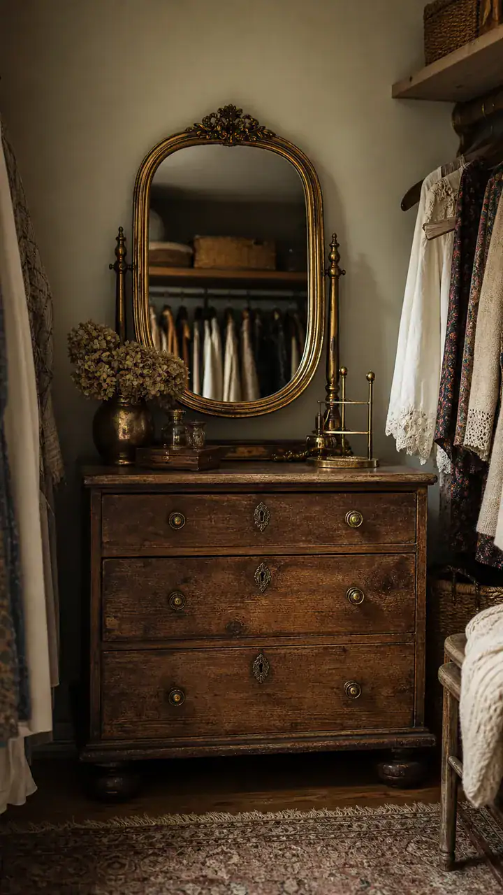 18. A Vintage Closet With an Old Dresser and a Brass Mirror