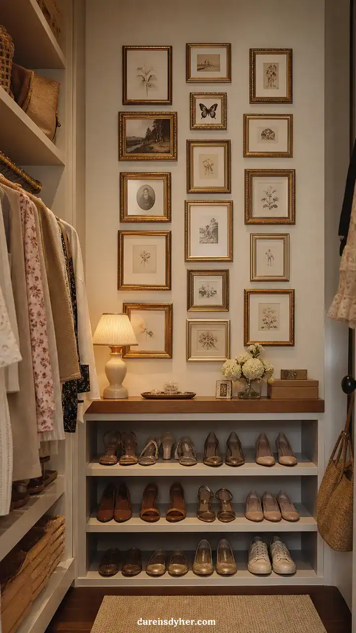 19. A Closet Gallery Wall With Little Frames Above the Shoe Shelf