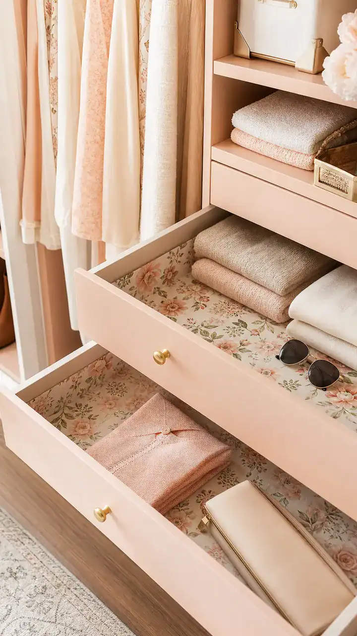 20. A Peach and Cream Closet With Pretty Floral Drawer Liners