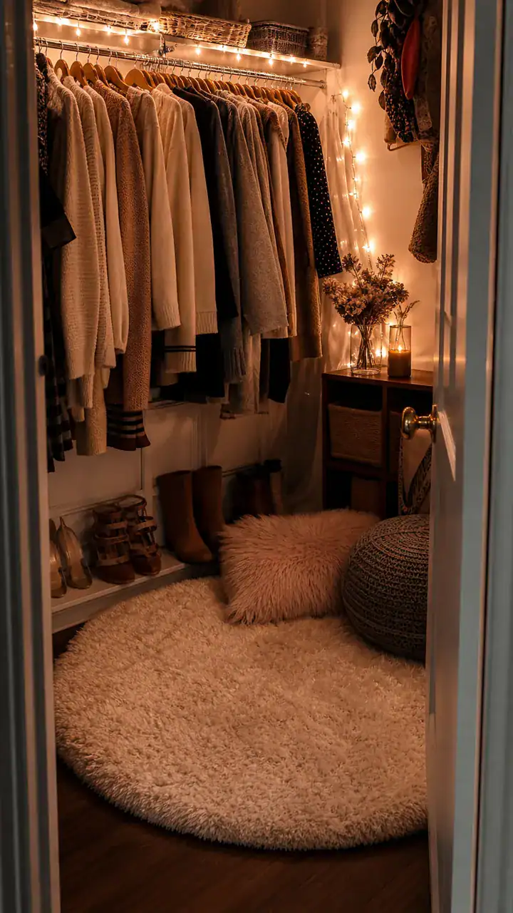 21. A Cozy Closet Hideaway With String Lights and a Soft Round Rug