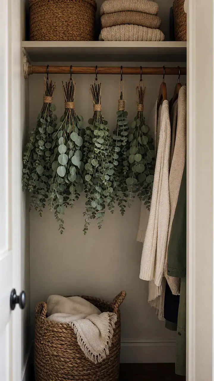 1. A Slim Closet With Eucalyptus Bundles Hanging From the Rod