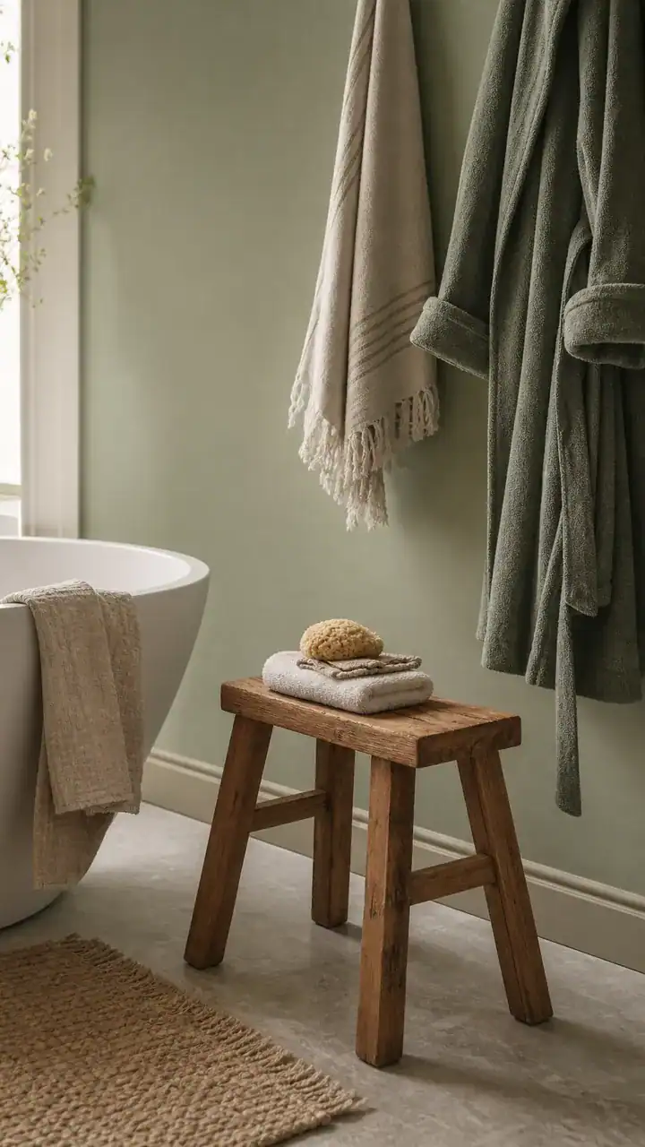 3. A Pale Sage Wall With a Little Wooden Stool for Your Robe