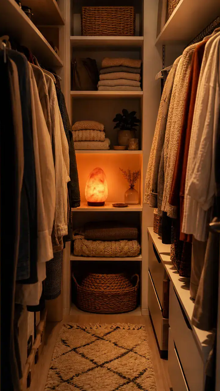 4. A Narrow Wardrobe Lit by Warm Glowing Salt Lamp Light