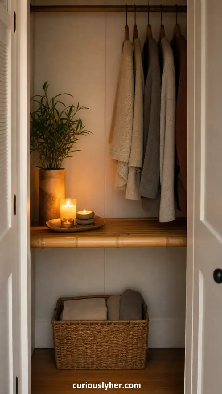 5. A Tiny Closet With a Bamboo Shelf Holding Candles and Smooth Stones