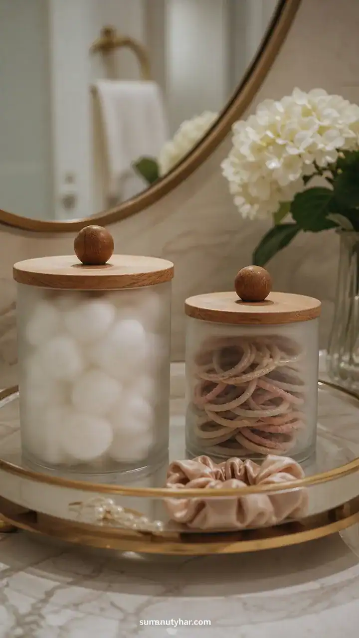 7. Frosted Glass Jars Filled With Cotton Balls and Pretty Hair Ties