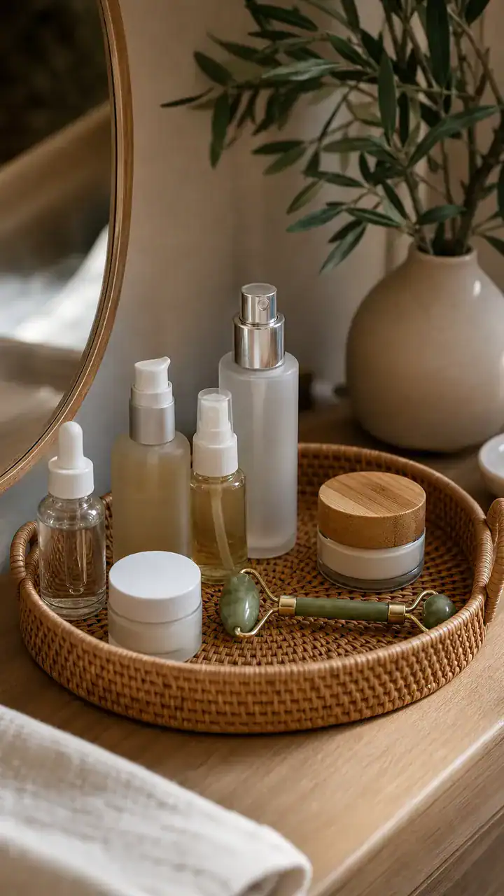 8. A Small Rattan Tray With Lotions, Mists, and a Little Jade Roller