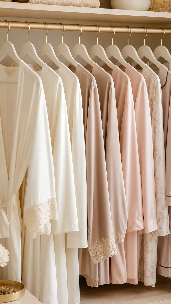 10. Matching Cream Hangers Holding Silky Robes and Pajamas