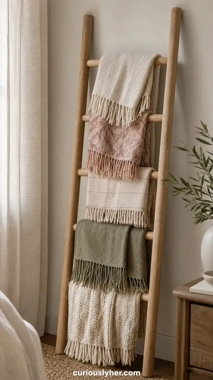 13. A Light Wood Ladder Rack Draped With Folded Throws and Scarves