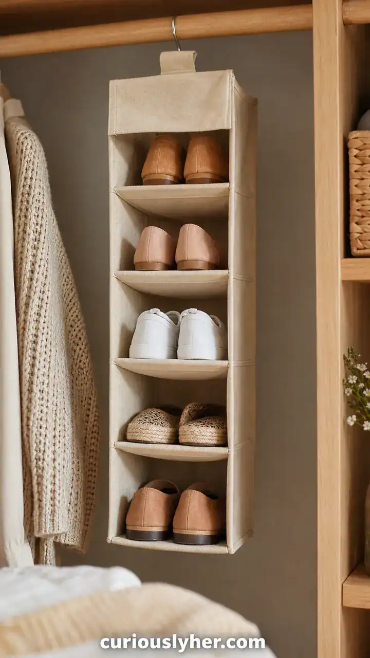 15. A Small Hanging Shoe Organizer Covered in Natural Canvas