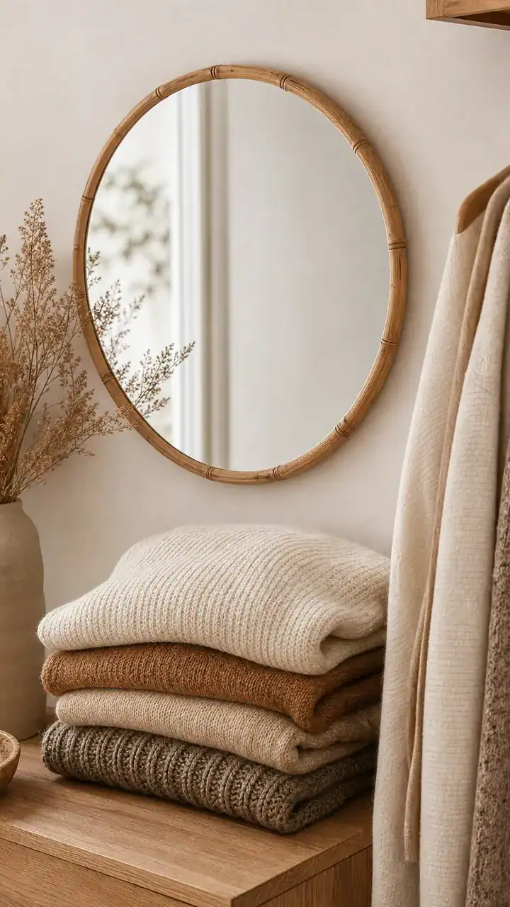 16. A Round Mirror With a Thin Bamboo Frame Beside Your Sweaters