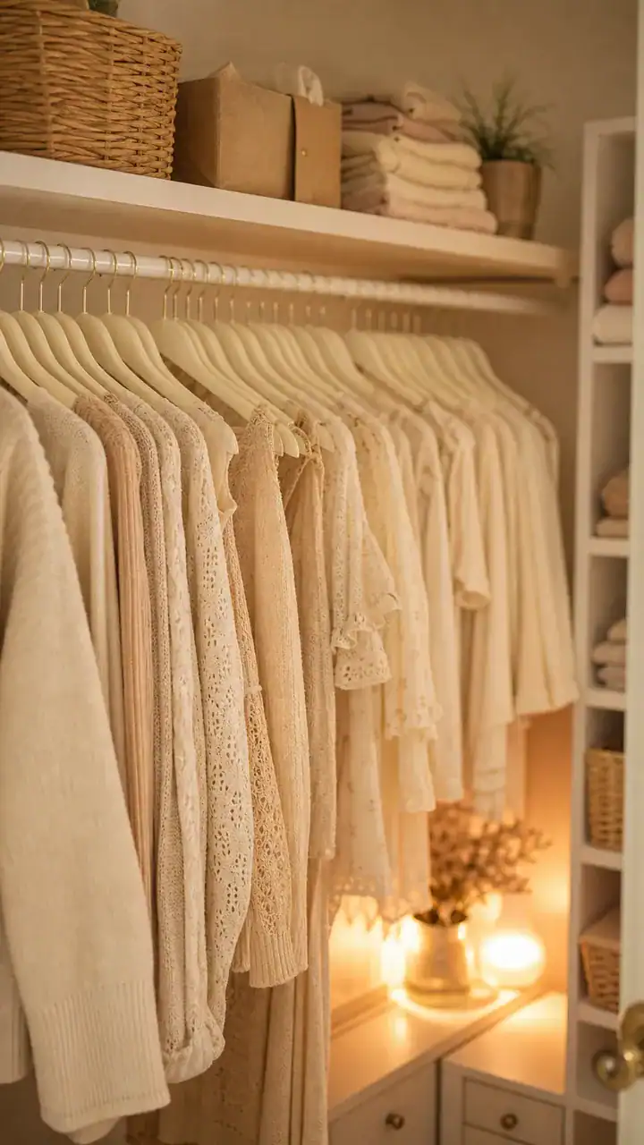1. A Soft Neutral Closet Look On A Budget With Cream Hangers And A Calm Little Glow