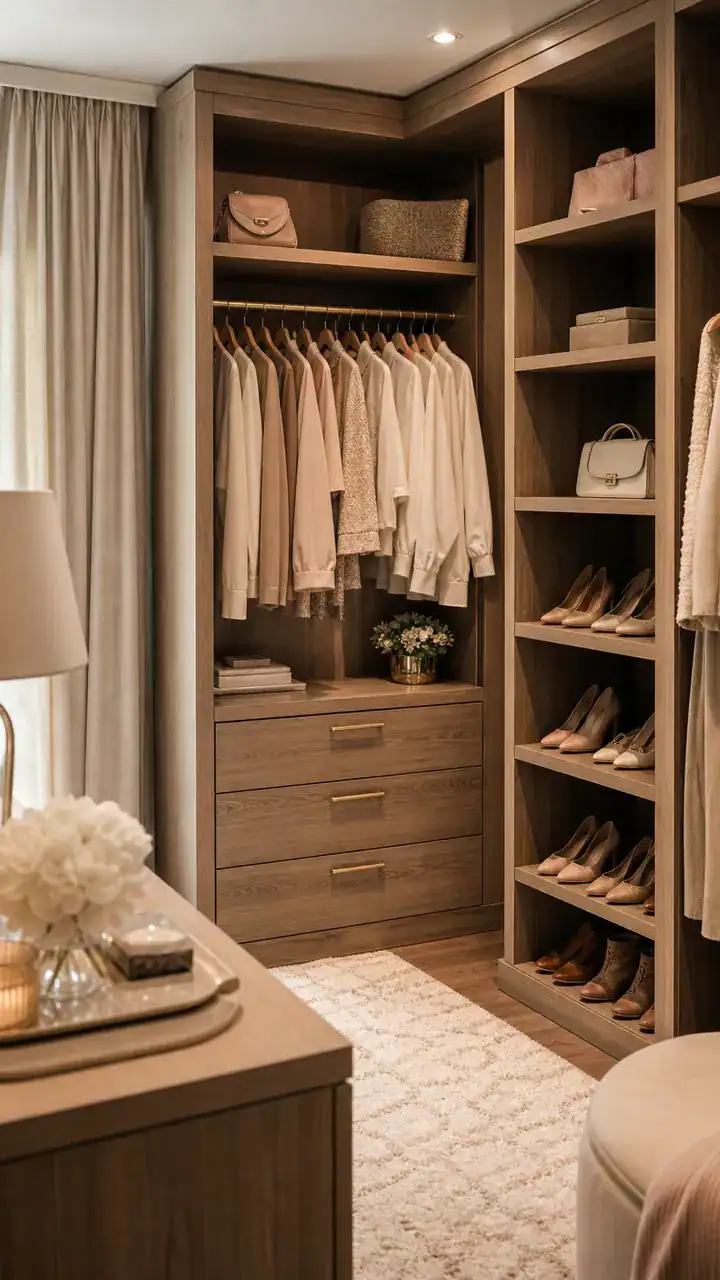 3. A Boutique-Style Closet Vibe On A Budget With Matching Wood Tones And Clean Lines