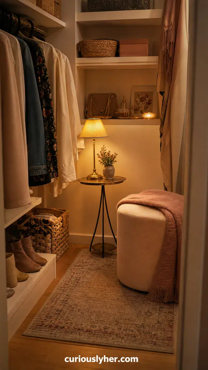 4. A Cozy Closet Corner On A Budget With A Small Rug And A Warm Lamp Feeling