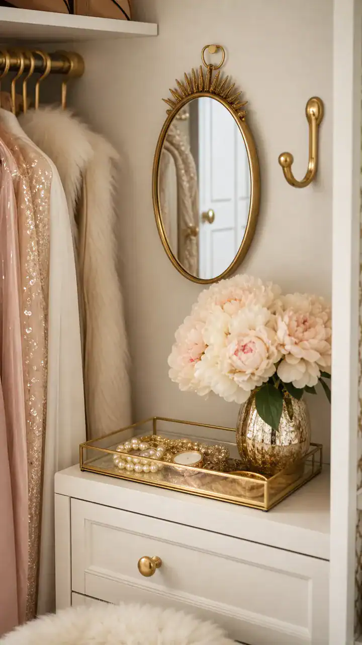 5. A Glam Closet Touch On A Budget With Gold Details And A Tiny Mirror Shine