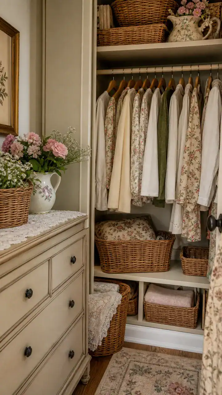 7. A Cottage Closet Charm On A Budget With Wicker Baskets And Sweet Floral Bits